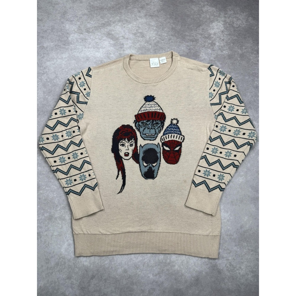 Disney Marvel Sweater WomensXL Beige Knit Spider Man Beast Holiday Crewneck 2023 - Picture 1 of 16